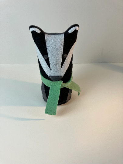 Woodland Badger Shelf Character Made of Felt with A Moss Green Felt Scarf