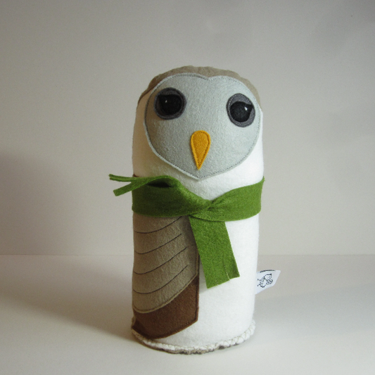 Woodland character barn owl made of felt with a holly green scarf
