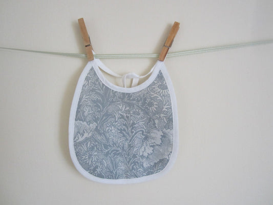 Traditional Style Baby Bib Made of 100% Grey and White Cotton Floral Fabric and Plain Cotton Lining