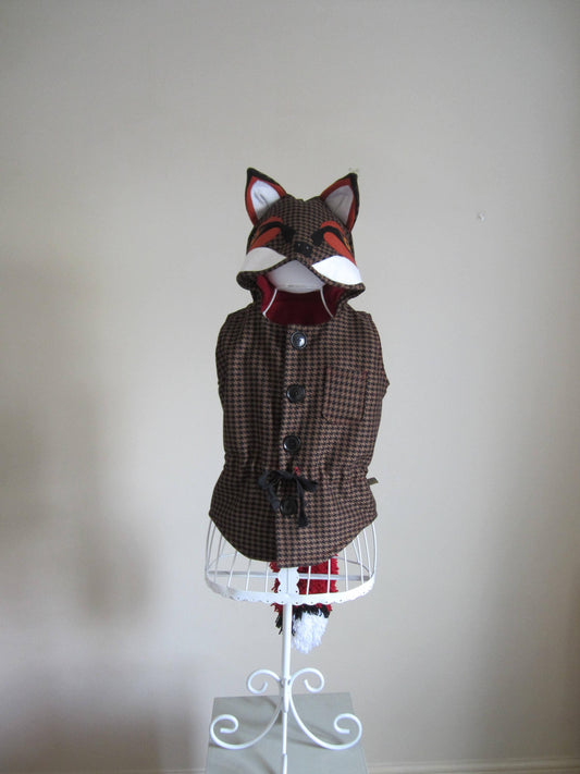 Kid's Fox Hooded Waistcoat Made of Light Tweed Outer, With a Red Fleece Lining and Wool Tail, Great for Kids Who Love Foxes