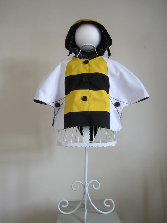 Kid's Bumble Bee Shower Proof Rain Cape with a Floral Cotton Fabric Lining, Fun Coat for Kids Who Love Nature