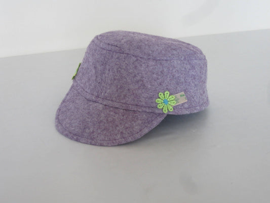 Kid's Hat with Peak Made of Violet Purple Felt with a Navy Cotton Floral Lining and Daisy Applique Detail