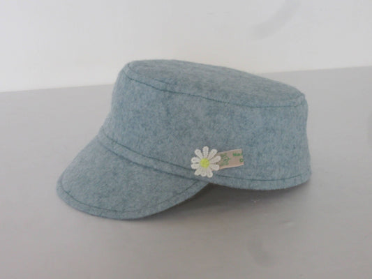 Kid's Hat with Peak Made of Moss Green Felt with a Yellow Cotton Floral Lining and Daisy Applique Detail