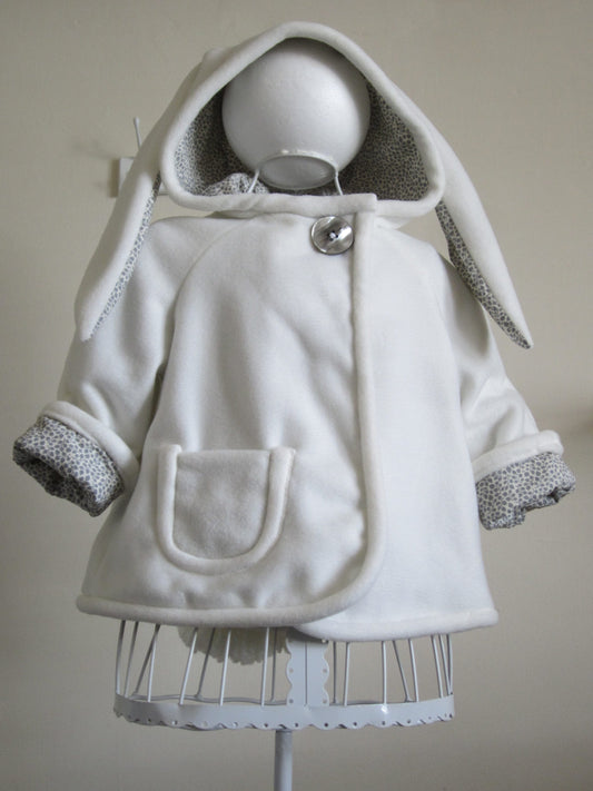 Kid's Bunny Eared Hooded Coat with Detachable Wool Tail. Made of Pure White Outer Fleece and a Cotton Floral Fabric Lining, Fun Coat for Kids
