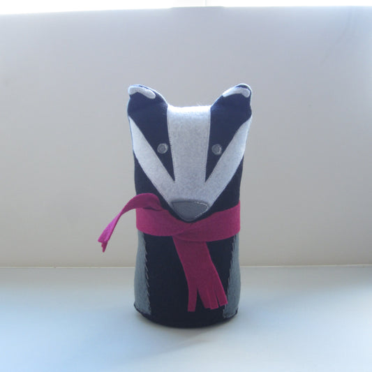 Woodland Badger Shelf Character Made of Felt with A Cherry Pink Felt Scarf