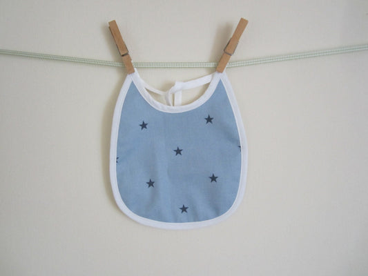 Traditional Style Baby Bib Made of 100% Light Blue Cotton and Dark Blue Star Print Fabric and Plain Cotton Lining