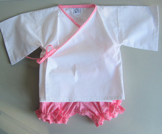 Kimono Style Newborn Baby Set with a Jacket Made of Pure White Cotton and Pink Polka Dot Ties and Pink Polka Dot Bloomer Pants
