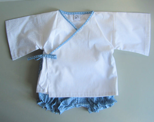 Kimono Style Newborn Baby Set with a Jacket Made of Pure White Cotton and Blue Polka Dot Ties and Blue Polka Dot Bloomer Pants
