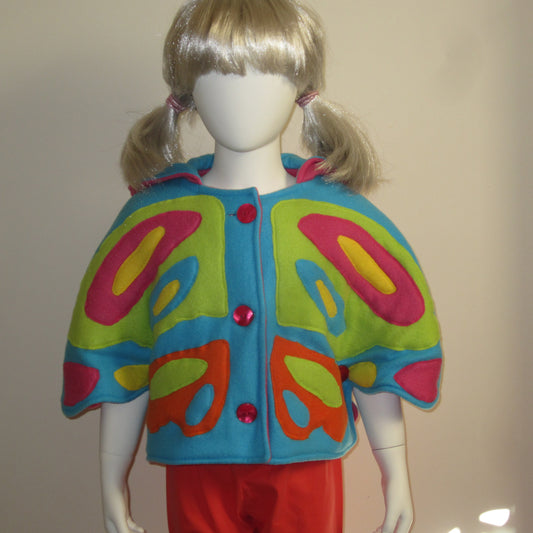 Kid's Butterfly Cape Made of with Super Soft Bright Fleece Fabric Outer Layer with a Hood and Plain Fleece Lining and Matching Buttons