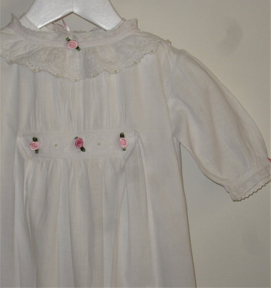 Upcycled Vintage Cotton Christening, Baptism or Baby Naming Day Outfit with Petticoat and Pink Satin Rosebud Detail