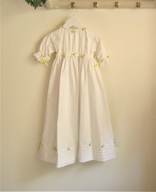 Upcycled Vintage Cotton Christening, Baptism or Baby Naming Day Outfit With Yellow Satin Rosebud Detail