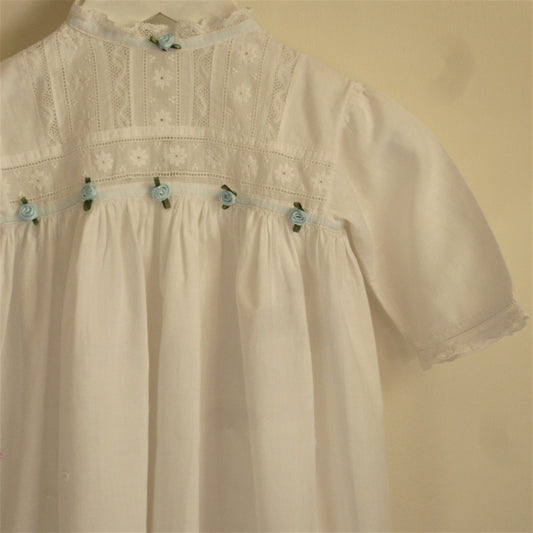 Upcycled Vintage Cotton Christening, Baptism or Baby Naming Day Outfit With Blue Satin Rosebud Detail