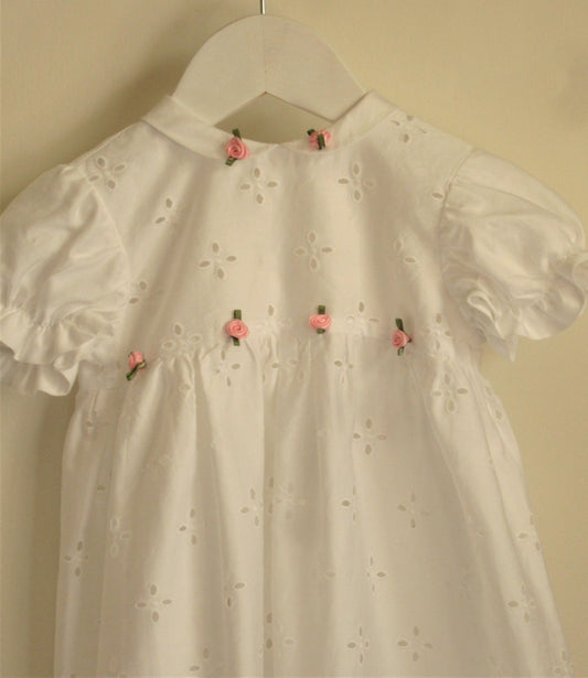 Upcycled Vintage Cotton Christening, Baptism or Baby Naming Day Outfit With Rose Pink Satin Rosebud Detail