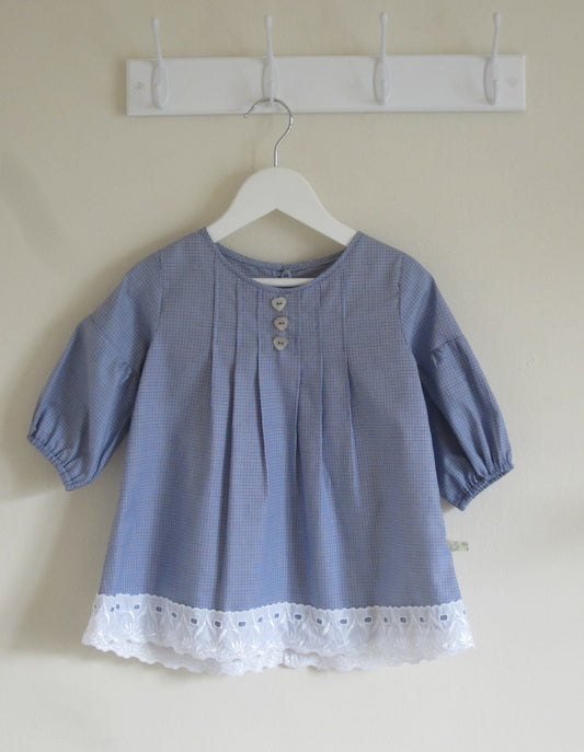 Girls Pleated Blouse Made of Cotton Fabric with Buttons and Lace Detail