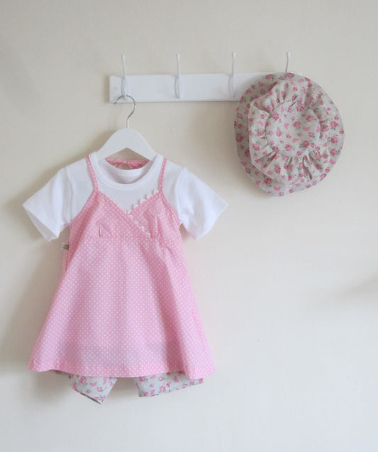 Girls Outfit Including Polka Dot Top, Shorts, Hat and Cotton T-Shirt
