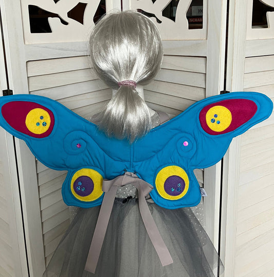 Fairy Princess Butterfly Wings Made of Turquoise Cotton Fabric With Quilted and Sequin Details