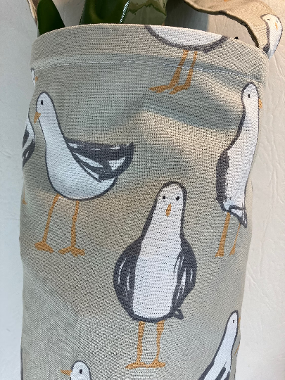 Storage Bag for Recycling Shopping Bags Made of Cotton Fabric With a Seagull Print, Hanging Sustainable Living Storage