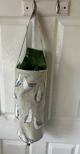 Storage Bag for Recycling Shopping Bags Made of Cotton Fabric With a Seagull Print, Hanging Sustainable Living Storage