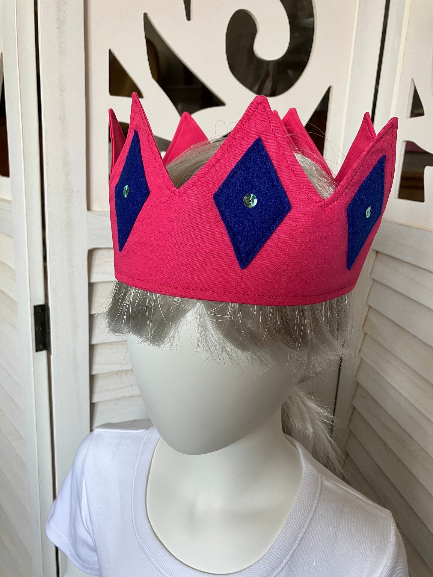 Fairy Crown Fully Adjustable Made of Pink Cotton Fabric with Felt Diamonds and Sequins Detail